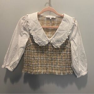 English Factory Textured Beige and White Blouse Tweed Ruffle Collar